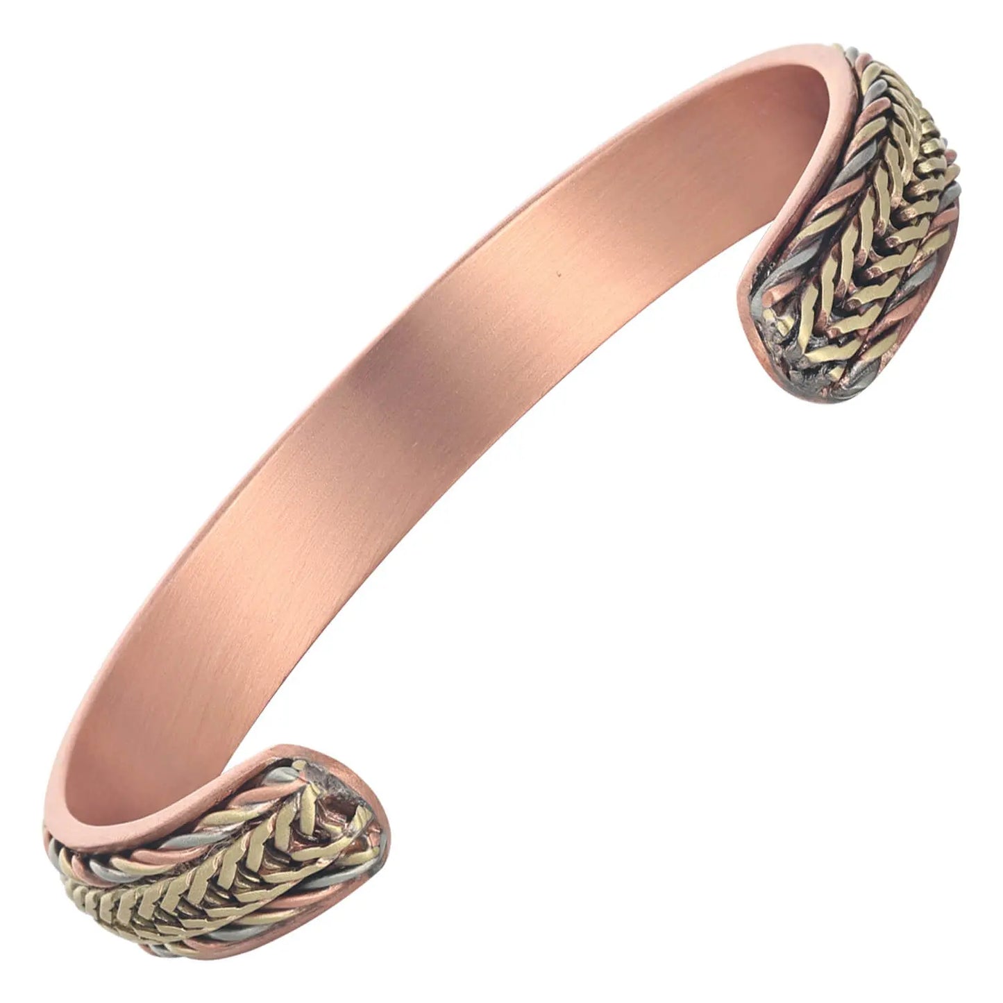 Copper bracelet with braided chain design on a white background