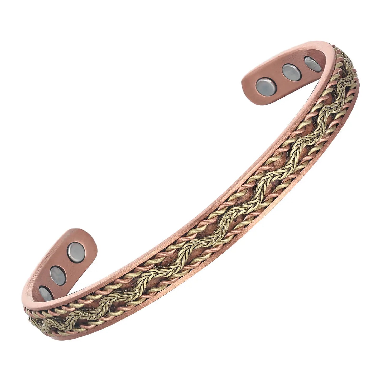 Copper bracelet with braided flow design and embedded magnets on a white background