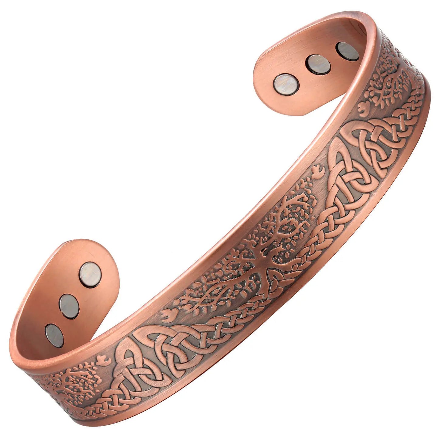 Copper bracelet with Celtic tree designs on a white background
