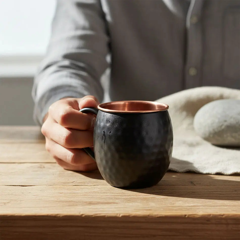 Person holding a black copper mug on a wooden surface.