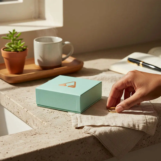 Person opening a bracelet gift box on a table with a cup and plant in the background