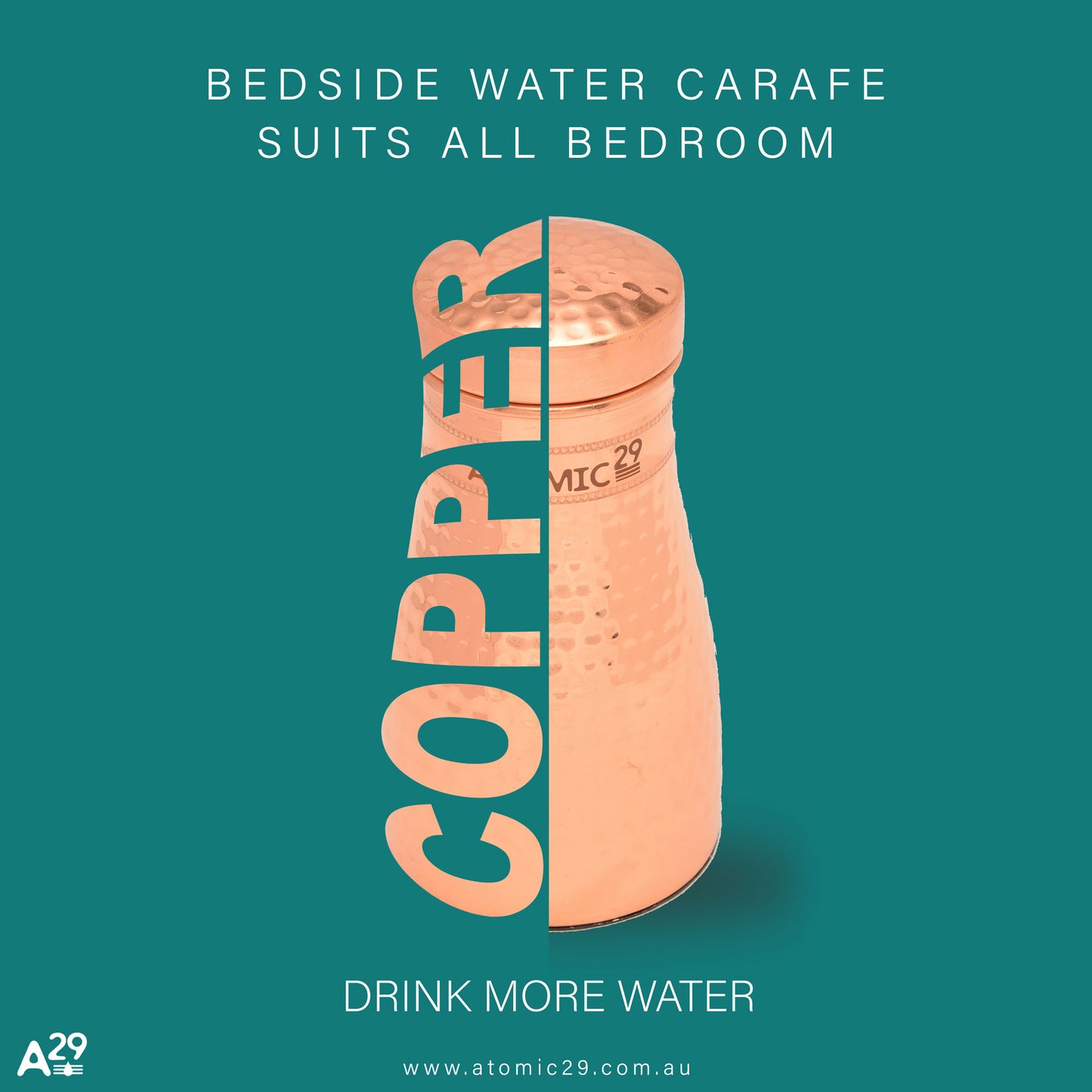 drink more water with atomic29 bedside copper carafe