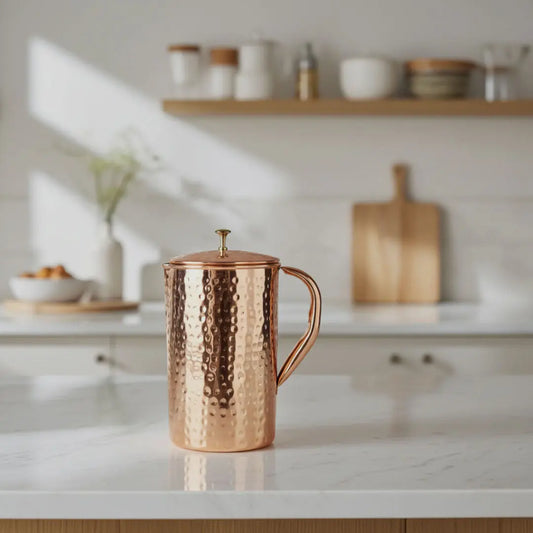 Atomic29 Copper jug on a kitchen counter with a blurred background