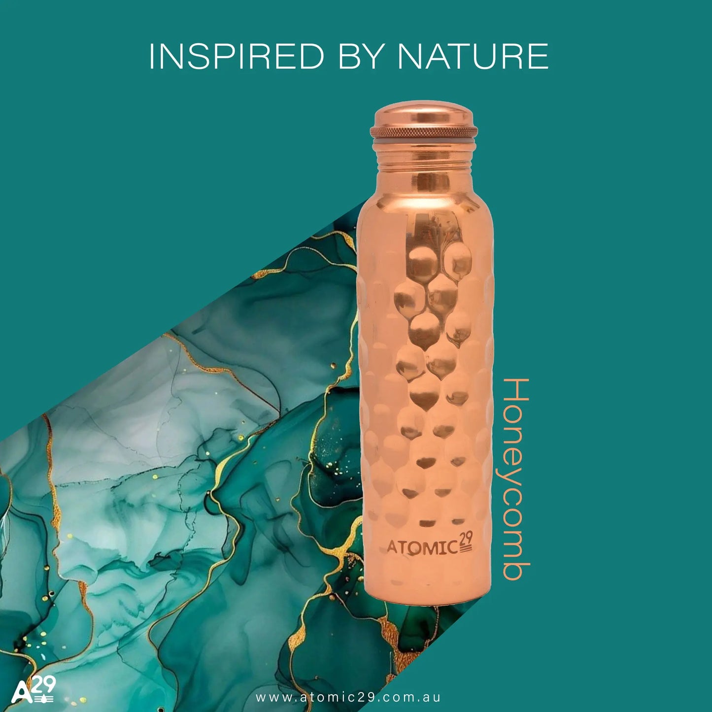 Honeycomb copper water bottle with 'Atomic29' branding on a teal abstract background