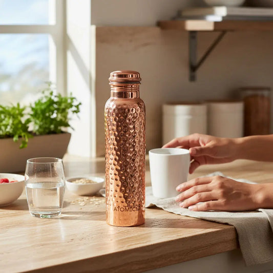 Copper water bottle on a kitchen counter with a person holding a mug.