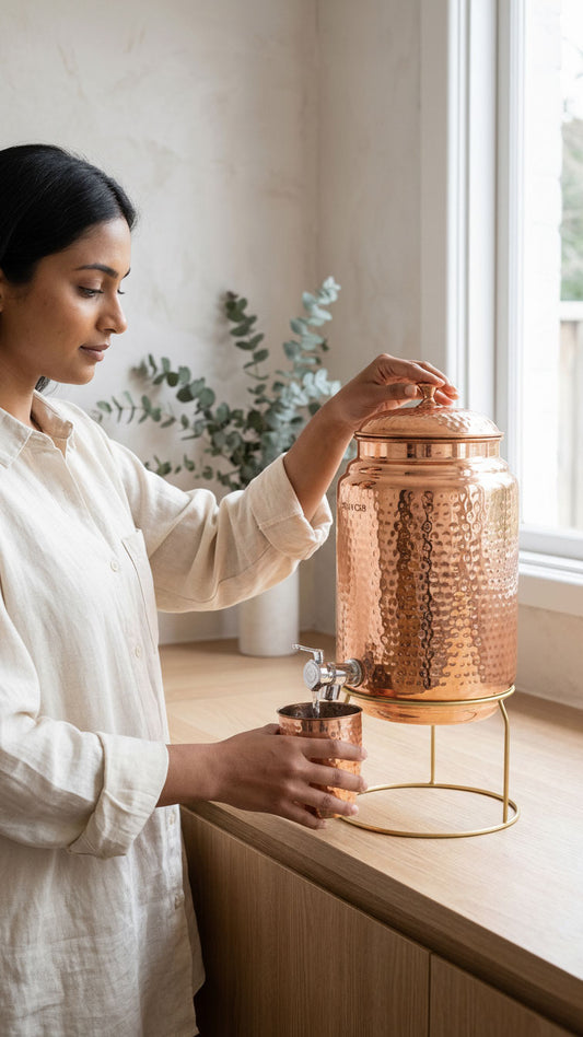 Woman holding a copper container on a kitchen counter with a window in the background