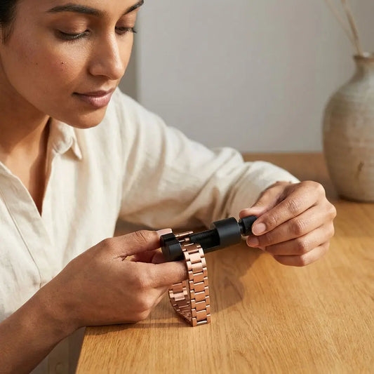 Woman removing link of copper bracelet on a wooden table
