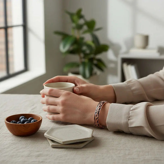 Person holding a mug on a table with a bowl of blueberries and coasters, with copper bracelet on wrist