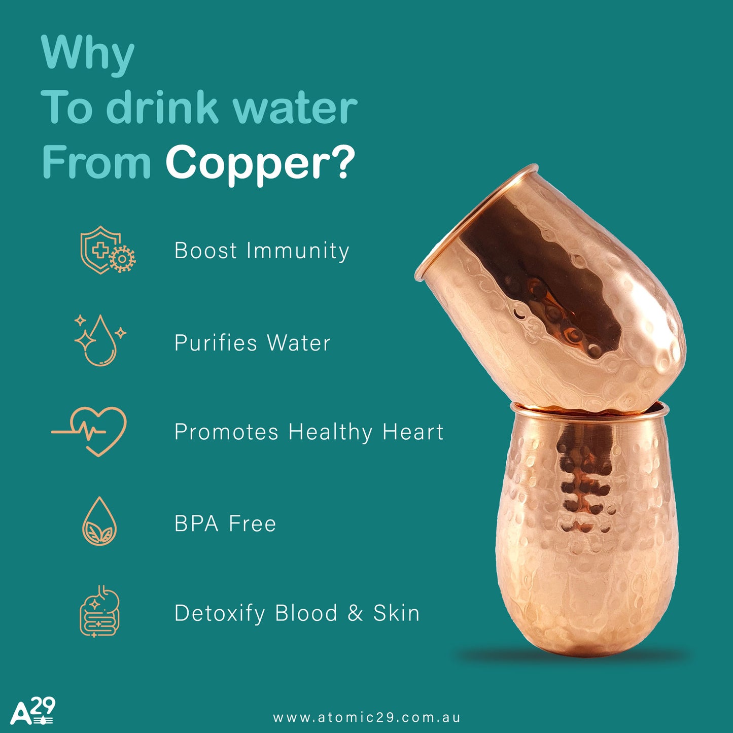 what to drink water from copper explaining the benefits with two goblet copper glasses on top on each other