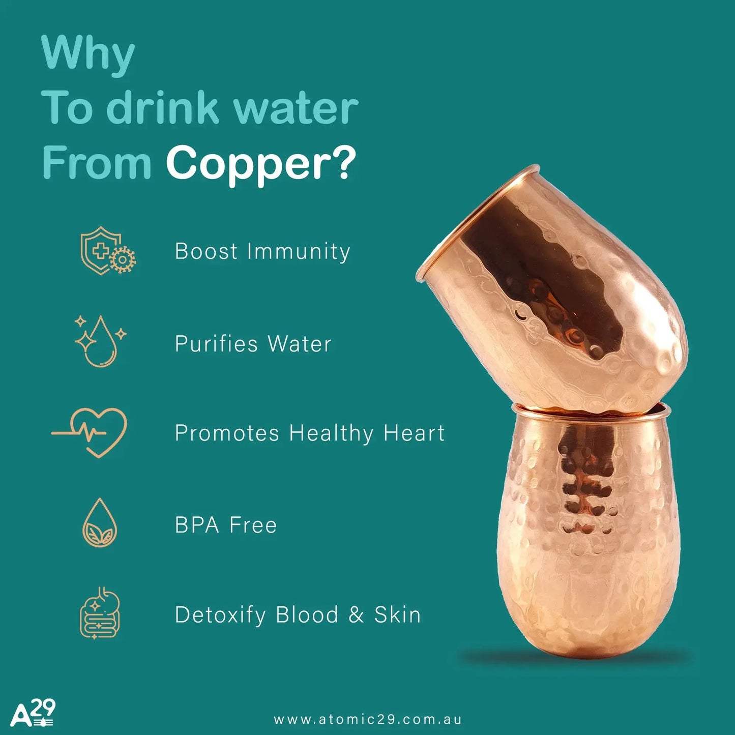 Copper water glasses with benefits listed on a teal background