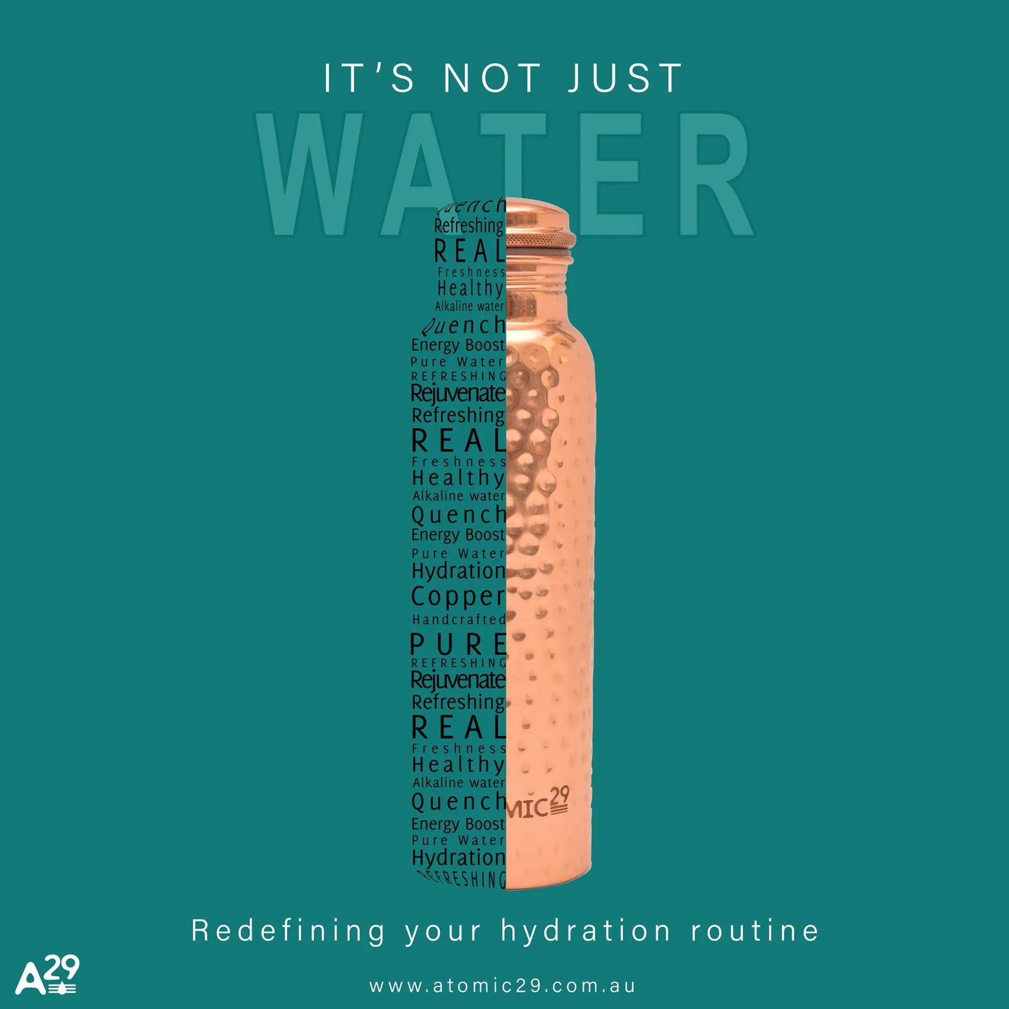 Hammered copper water bottle with text on a teal background