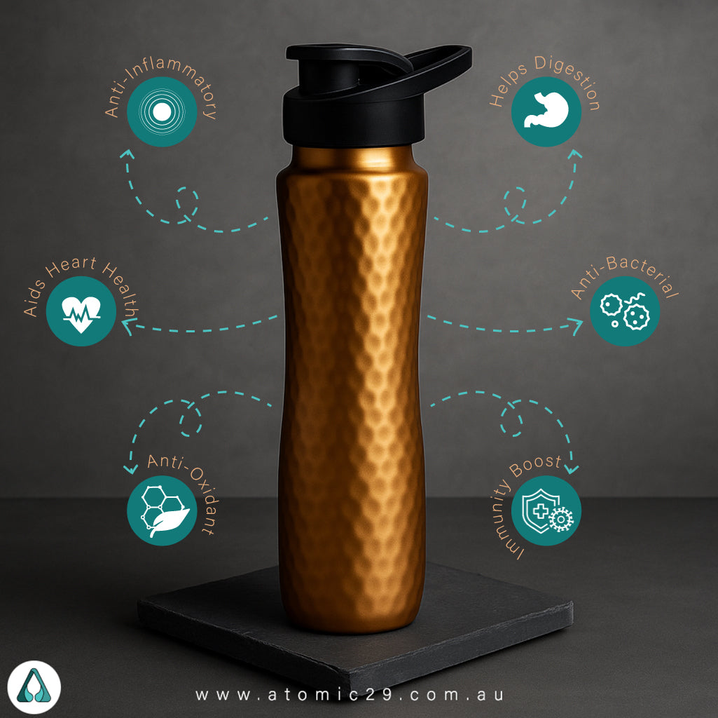 atomic29 copper water bottle showing the benefits of using copper water bottle daily