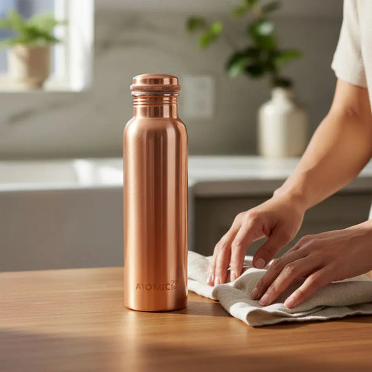 Copper water bottle on a wooden table with a blurred background