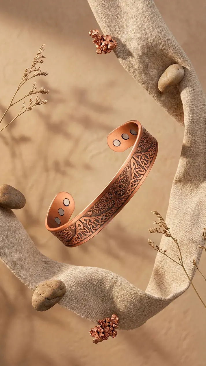 Celtic tree Copper bracelet with intricate design on a natural stone background