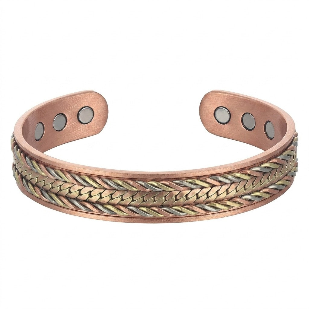 A copper cuff bracelet featuring a textured braided pattern of copper, bronze and cupronickel on the front and three circular magnetic inserts on each end, shown against a plain white background.