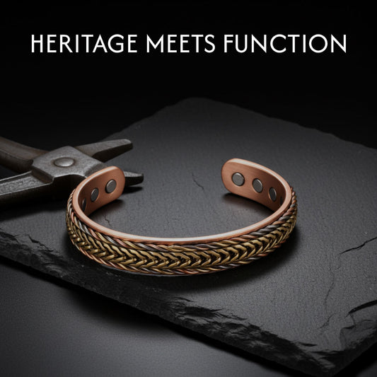 Copper bracelet on a dark stone surface with 'Heritage Meets Function' text above.