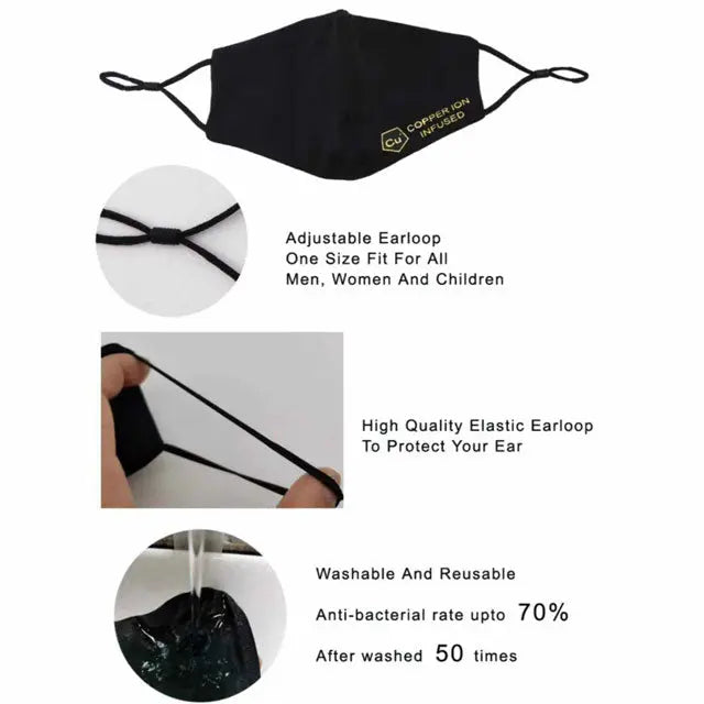 Black face mask with adjustable ear loops, washable and reusable features on a white background.