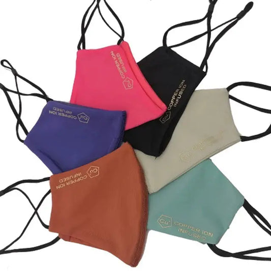 Set of colorful face masks with brand logo on a white background