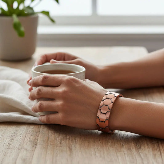 Person holding a cup of coffee with Copper bracelet on wrist, on a wooden table with a plant in the background