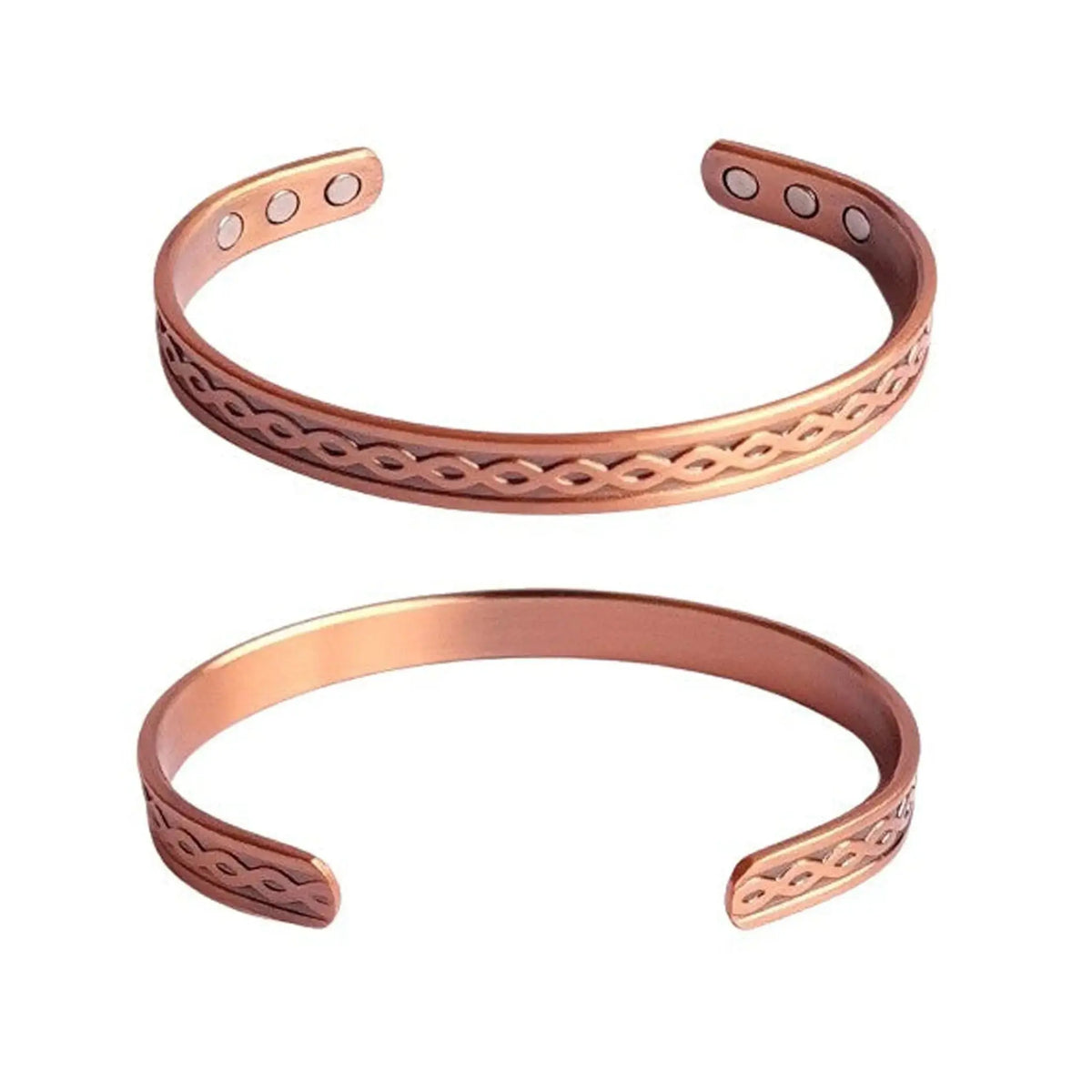 Two copper bracelets with intricate infinity designs on a white background