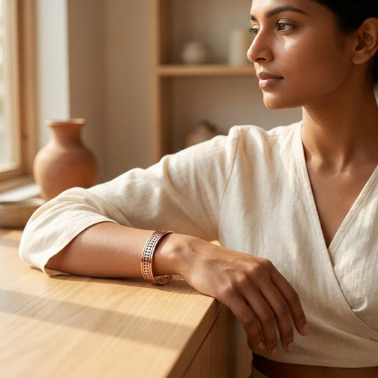 A woman in a cream linen wrap top rests her arm on a wooden table, wearing a copper magnetic bracelet. The background features a warm, softly lit interior with wooden shelves and a terracotta vase.