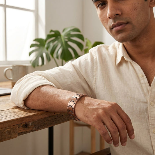 A man wearing a copper link bracelet with hexagon pattern links, resting his arm on a rustic wooden table in a bright, modern room.