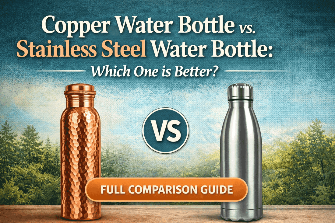 comparing copper water bottle with stainless steel water bottle in illustration form