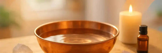 Copper bowl with pure copper water on a bench with candle and fragrance