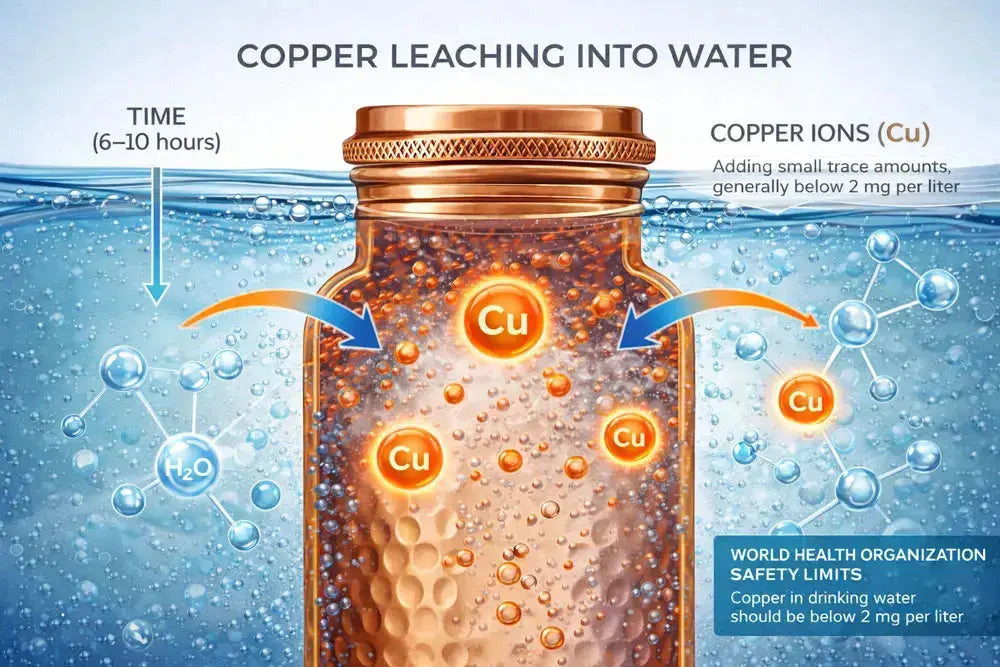Illustration of copper leaching into water with a jar and copper ions depicted.