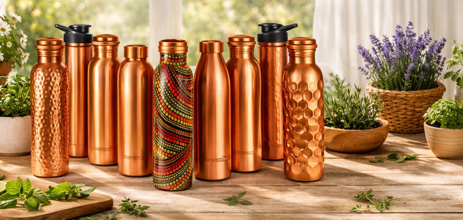 copper water bottle on wooden table with herbs and plants