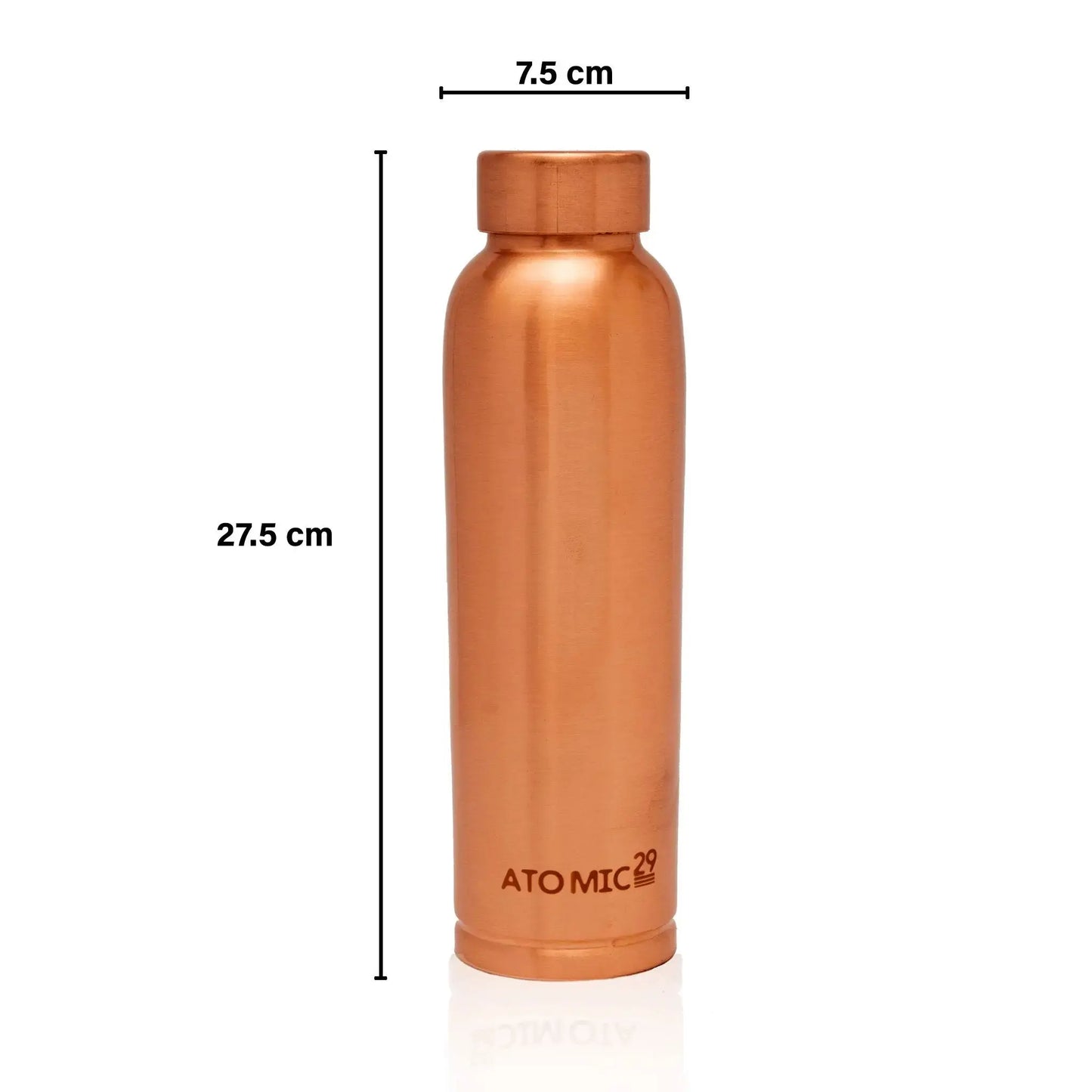 Choice copper water bottle with dimensions labelled on a white background