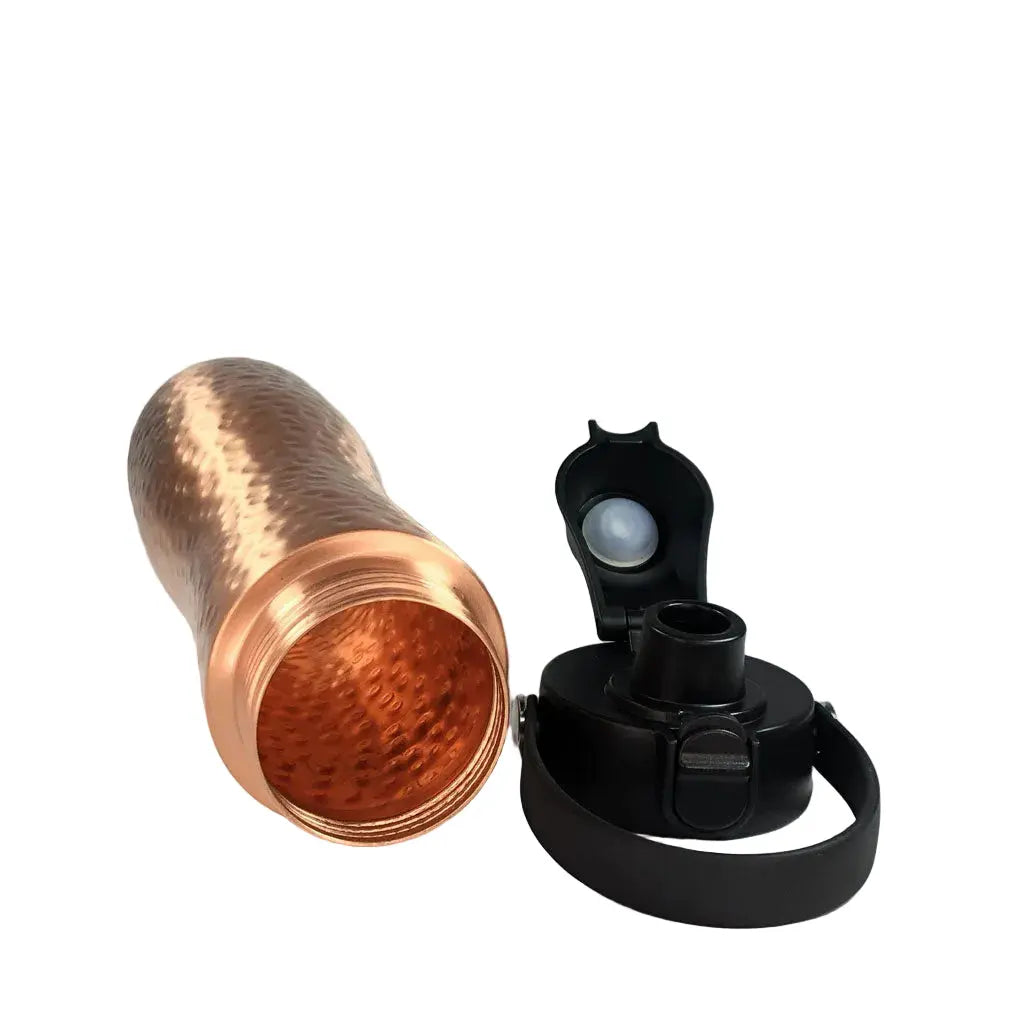 COPPER WATER BOTTLE HAMMERED INSIDE VIEW AND SPORTS POP LID DESIGN BY ATOMIC29
