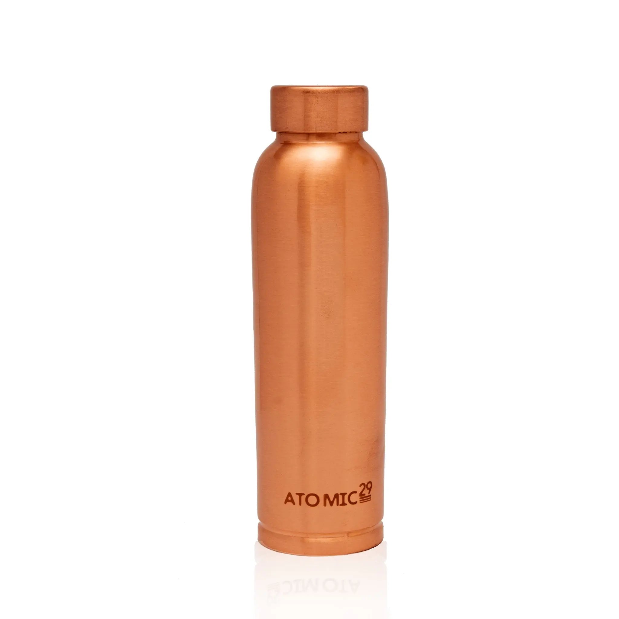 Pure copper water bottle with 'Atomic29' branding on a white background