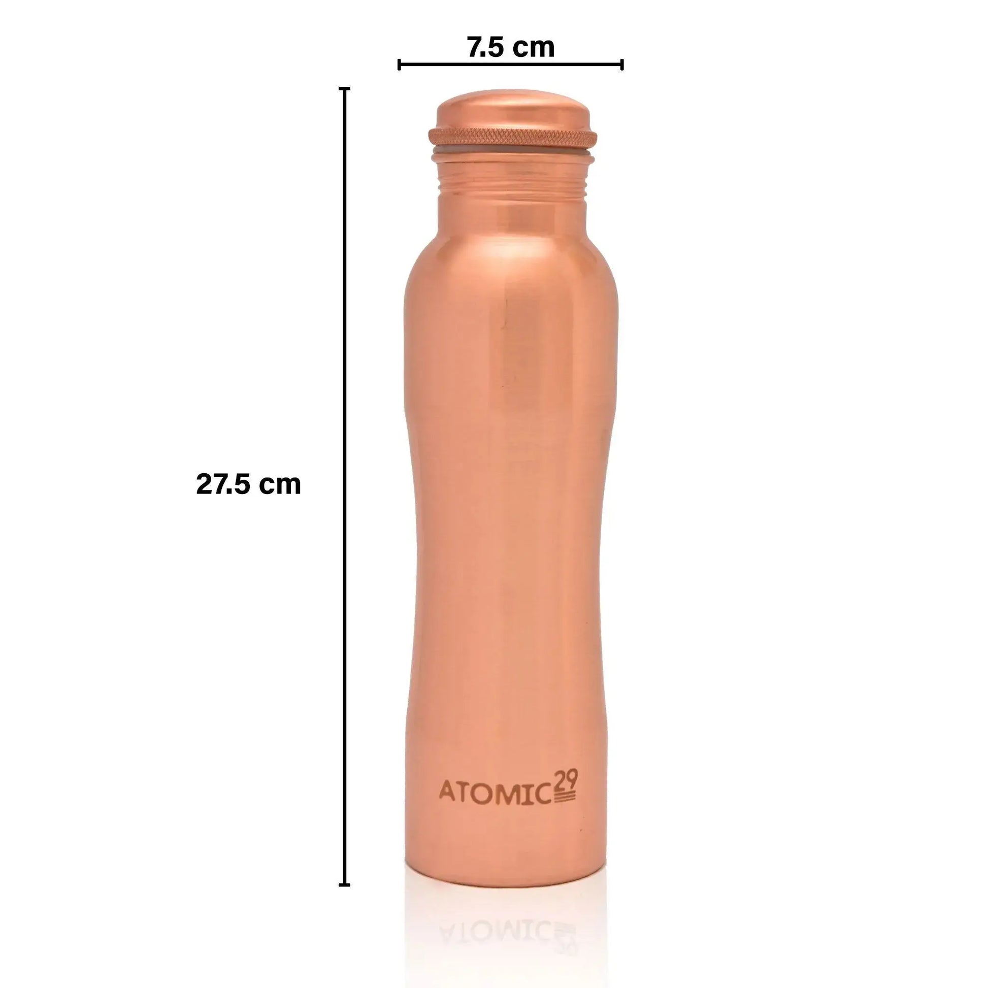 Curve copper water bottle with dimensions labelled on a white background