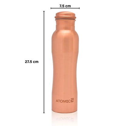 Curve copper water bottle with dimensions labelled on a white background