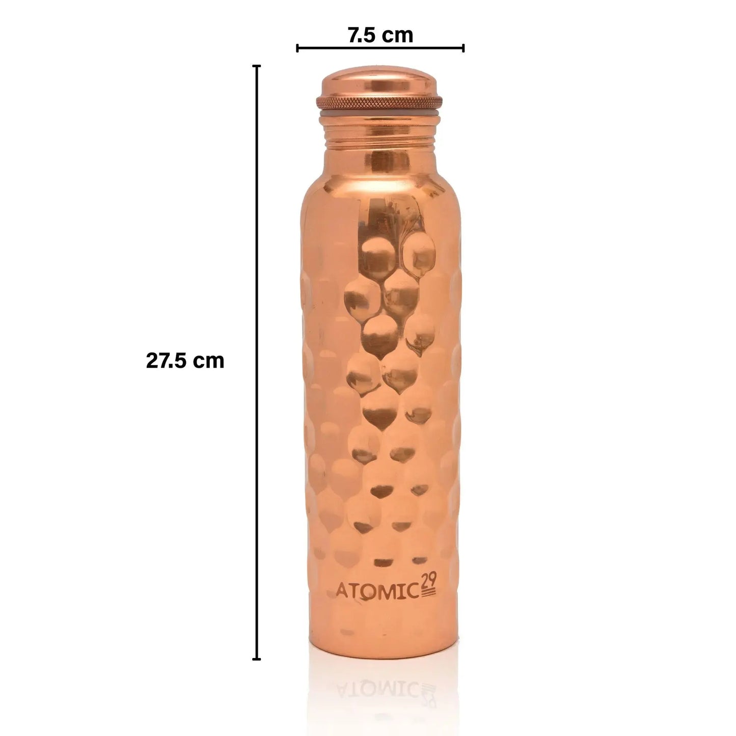 Honey comb copper water bottle with measurements on a white background