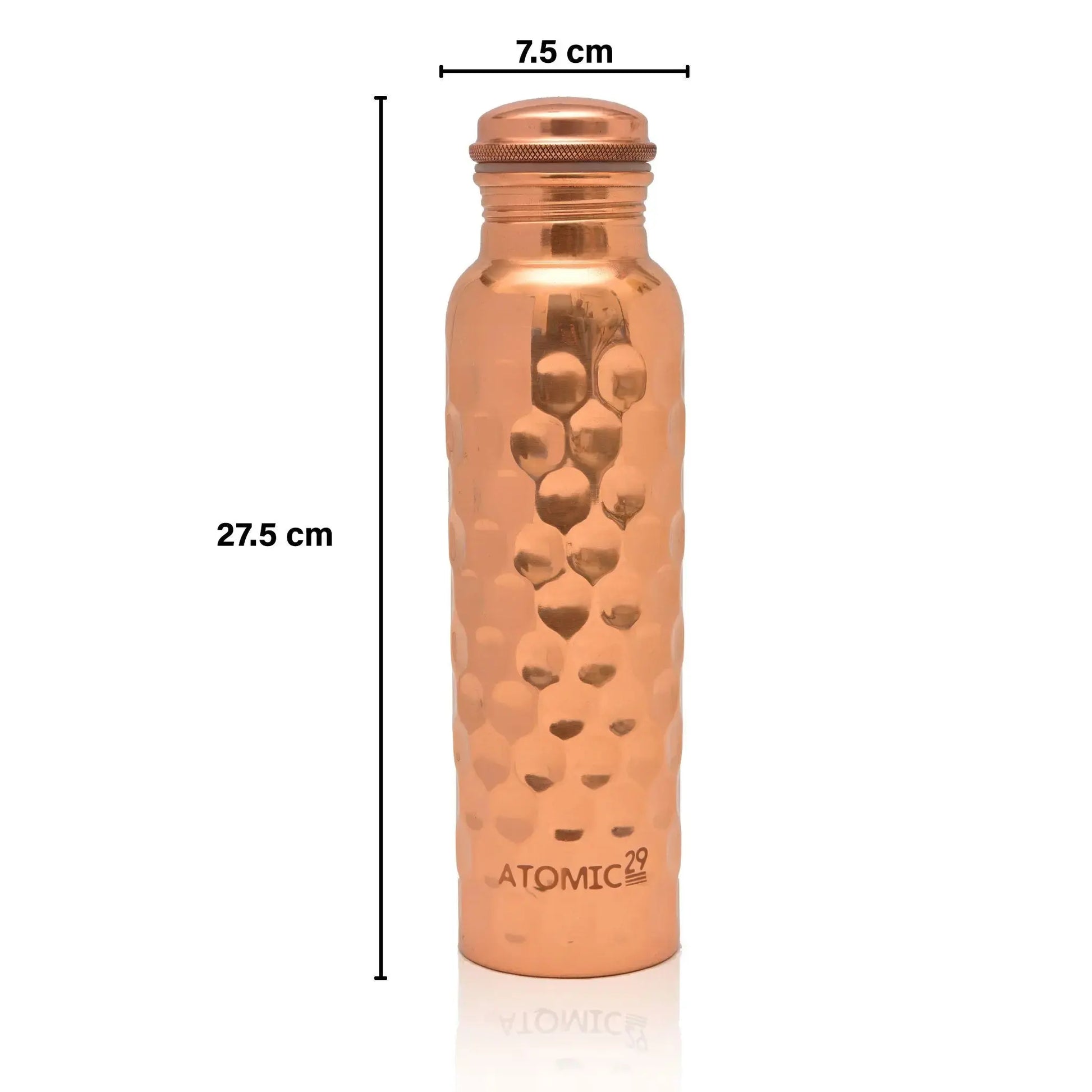 Honey comb copper water bottle with measurements on a white background