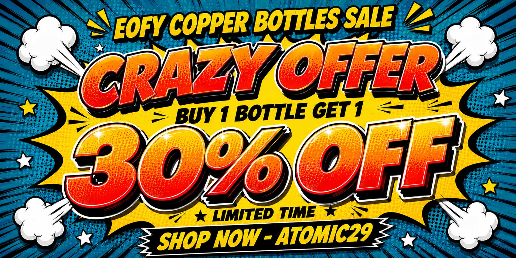 Promotional banner with 'Crazy Offer' and '30% Off' text on a colourful background - Atomic29
