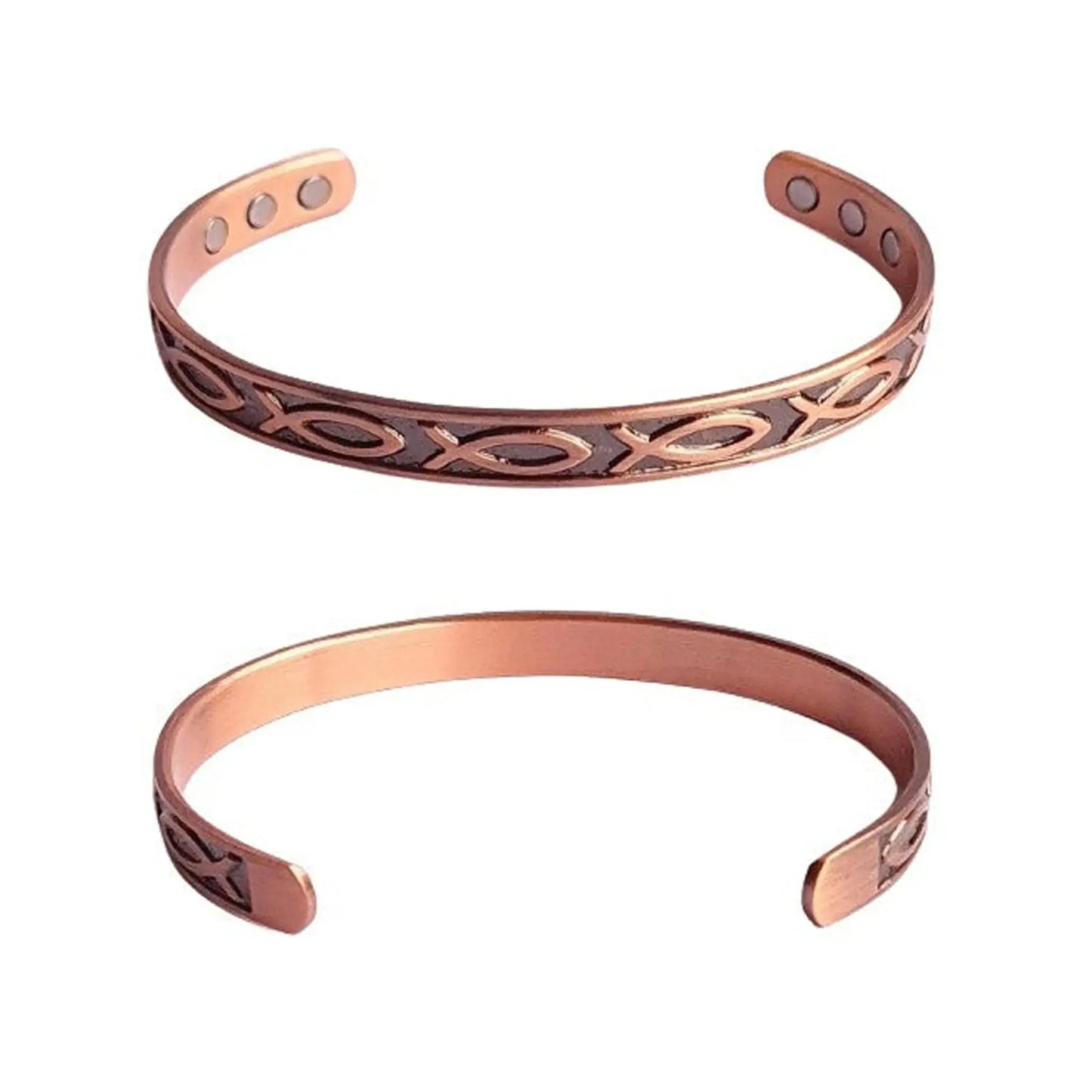 Two copper bracelets with ichthus fish embossed designs on a white background