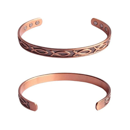 Two copper bracelets with ichthus fish embossed designs on a white background