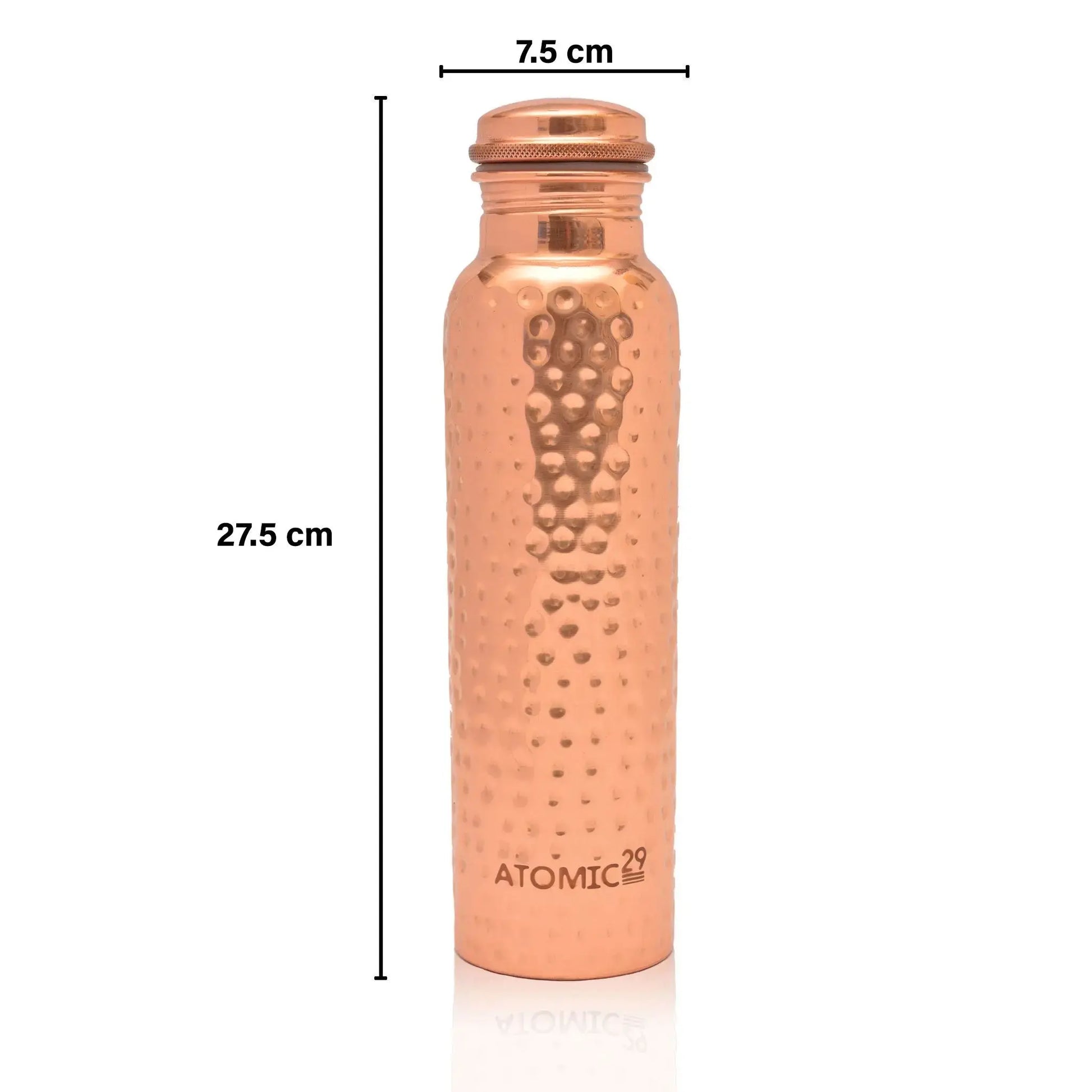 Hammered Copper water bottle with measurements on a white background