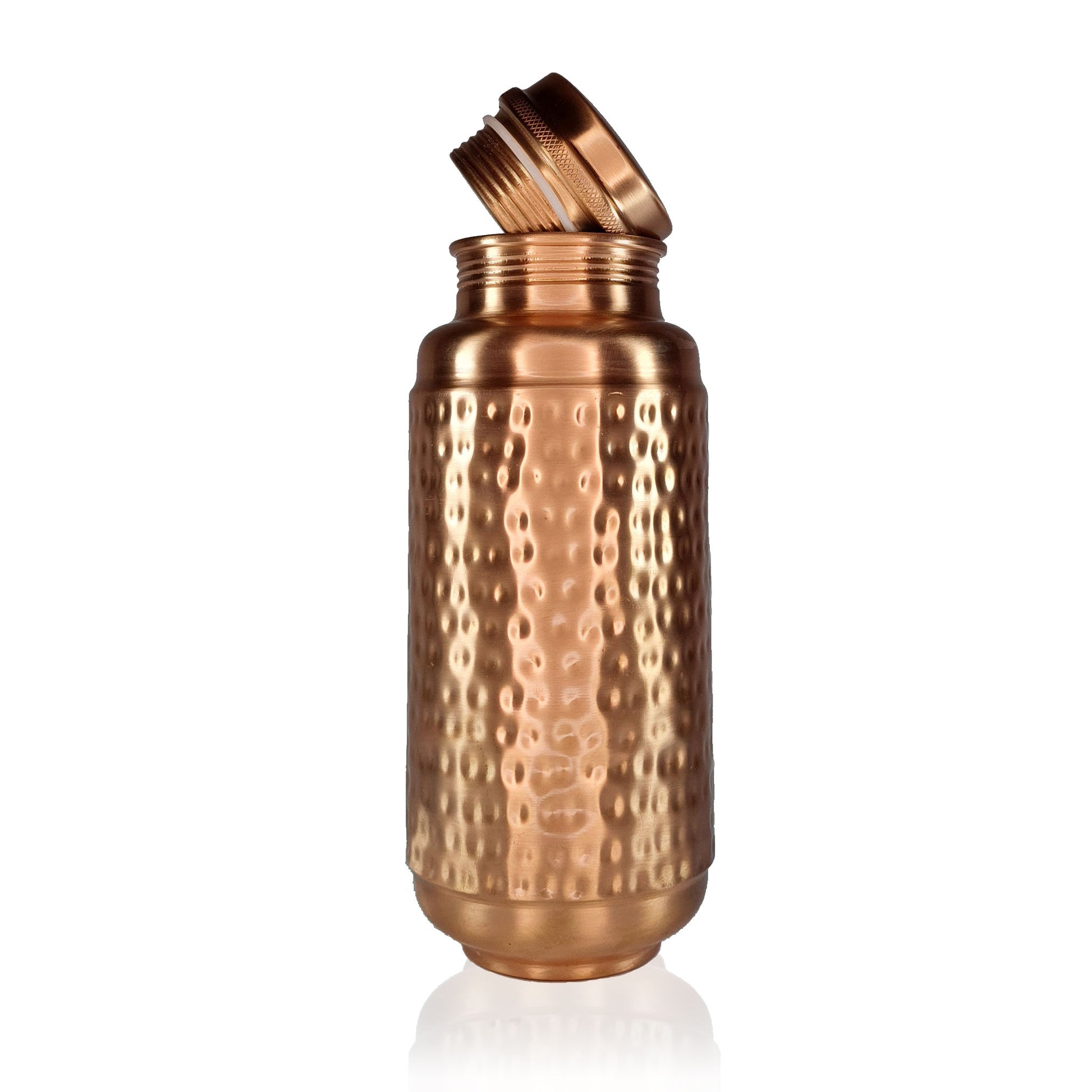 Jumbo Copper Water Bottle Hammered Design 1.3L upright standing  with lid open by Atomic29