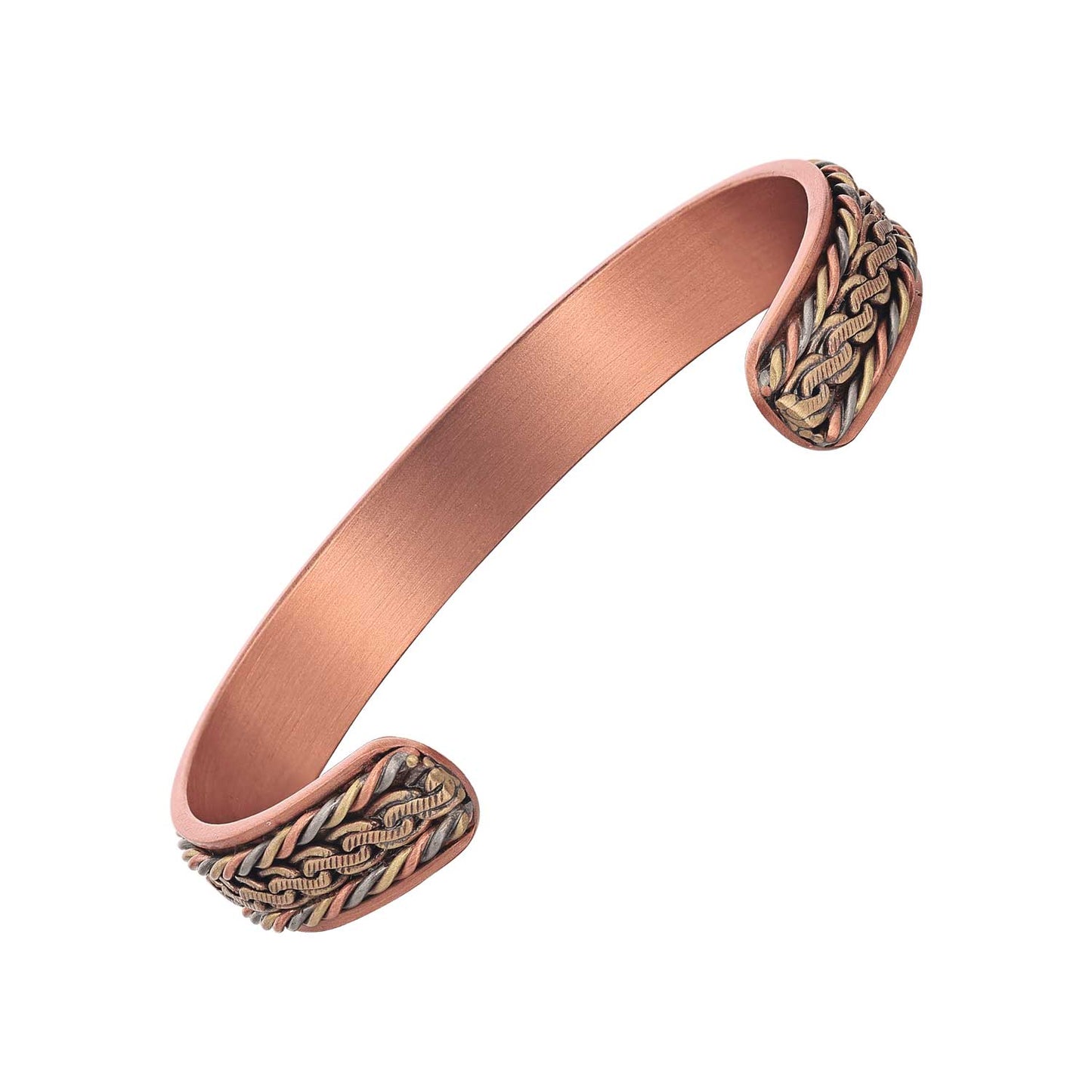 Copper bracelet with braided design on a white background