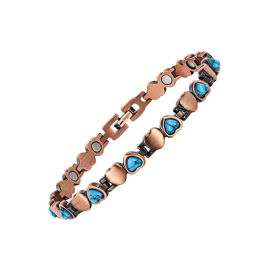 Copper bracelet with blue stones on a white background