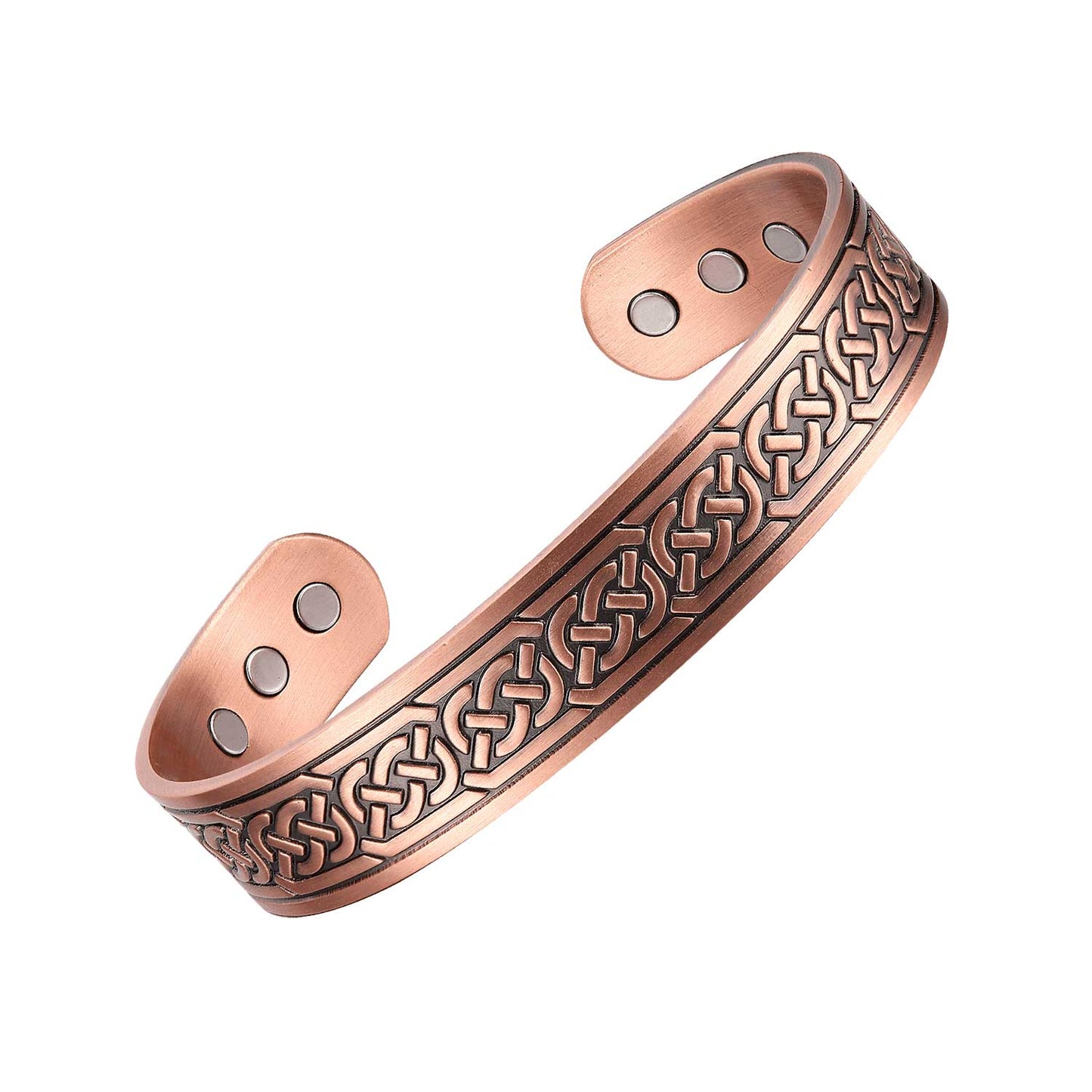 Copper bracelet with intricate knot design on a white background