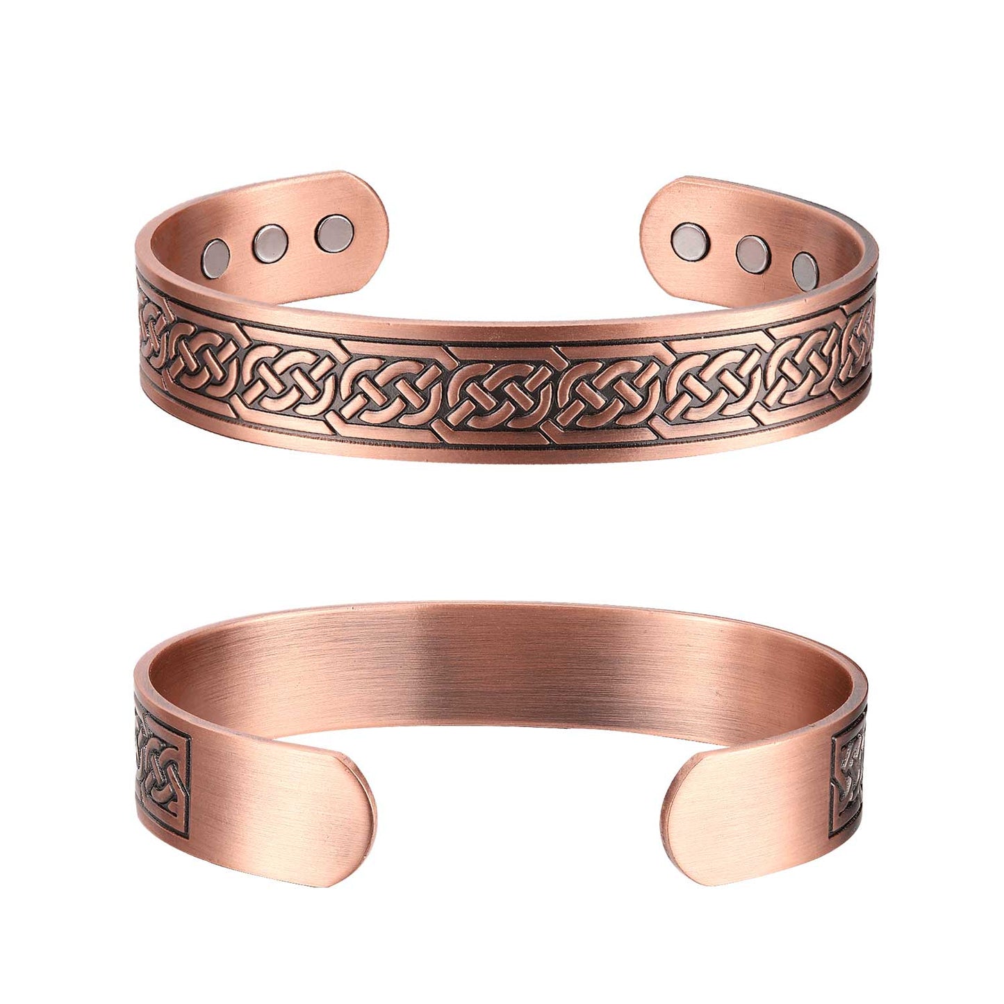Two copper bracelets with knot designs on a white background