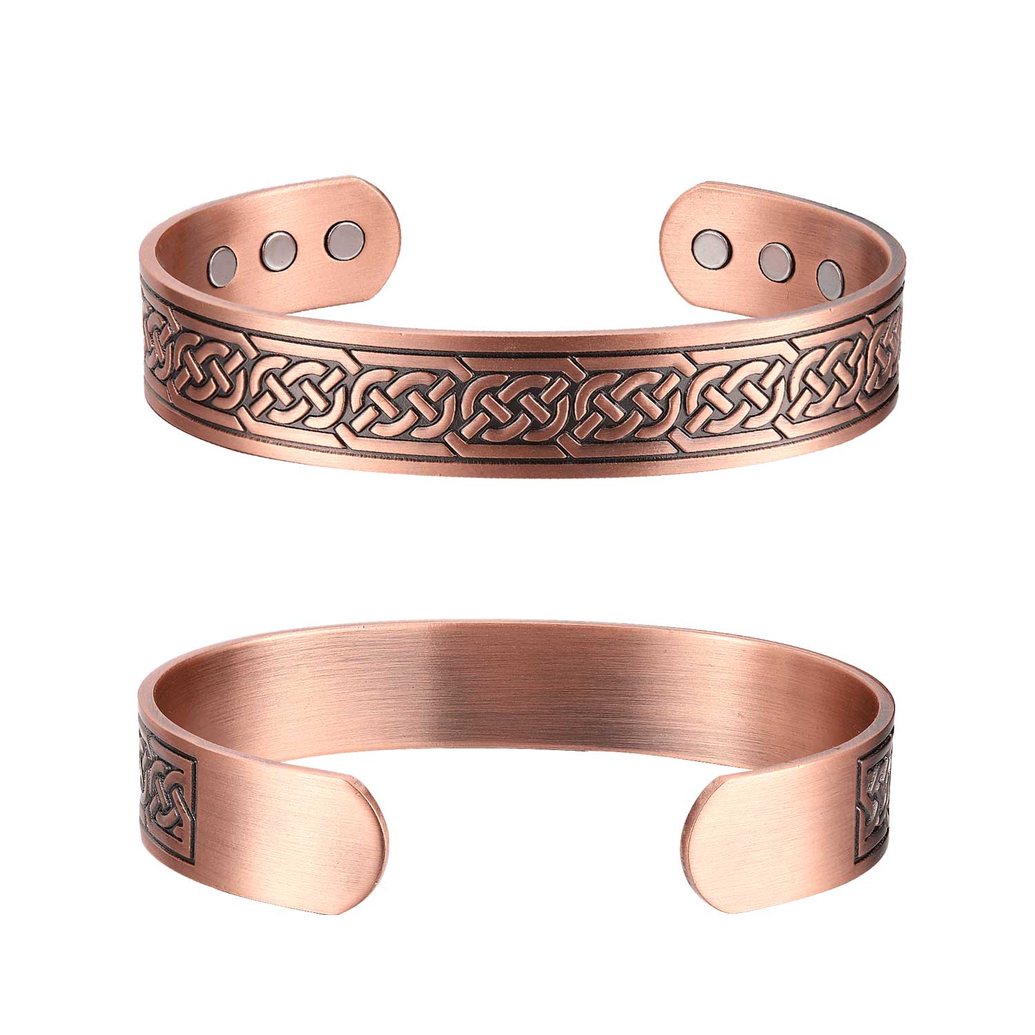 Two copper bracelets with knot designs on a white background