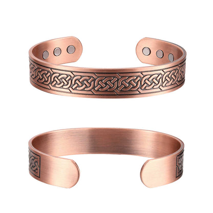 Two copper bracelets with knot designs on a white background