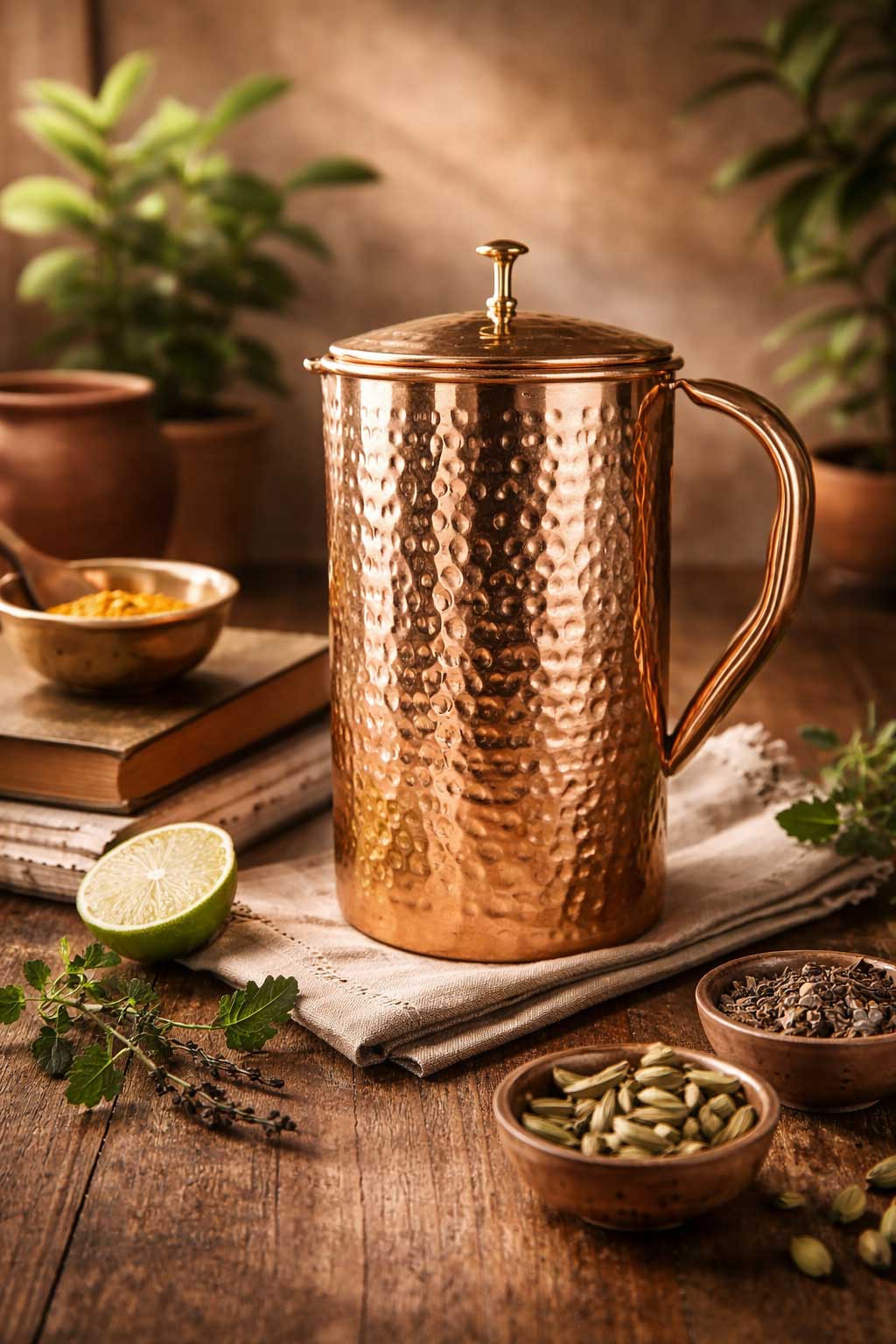 Copper pitcher on a wooden table with herbs and plants in the background