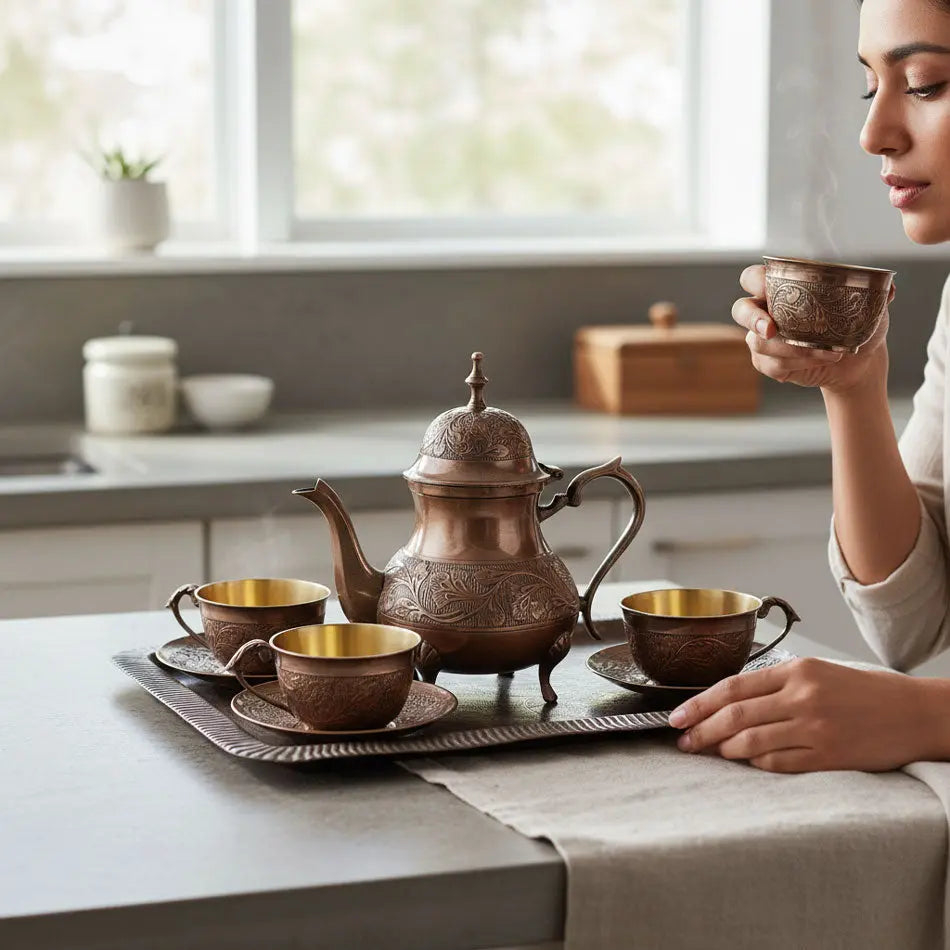 Woman holding a brass teacup with a brass teapot and cups on a tray in a kitchen.